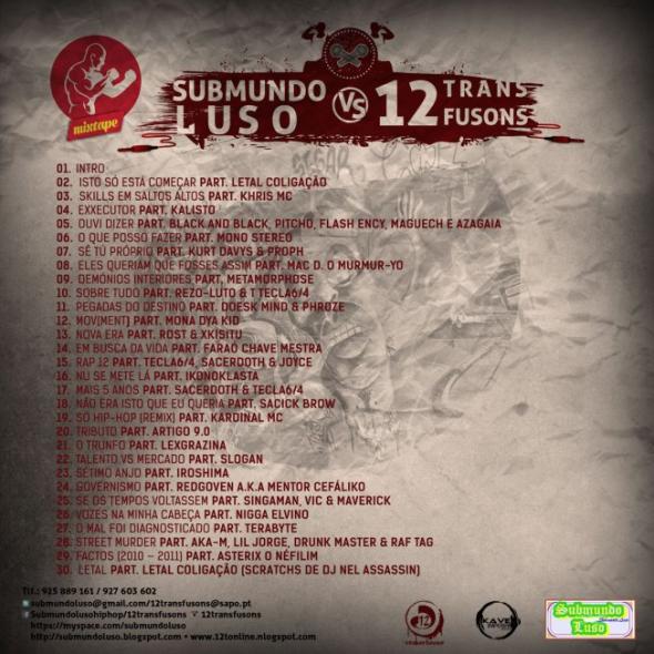 A mixtape Submundo Luso vs 12transfusons foi lançada em primeira mão nos blogues 12tonline.blogspot.com e Submundoluso.blogspot.com, e demais blogues de hip-hop. O projecto não dispõe de qualquer fim lucrativo e é totalmente GRATUITO. A mixtape Submundo Luso vs 12transfusons foi lançada em primeira mão nos blogues 12tonline.blogspot.com e Submundoluso.blogspot.com, e demais blogues de hip-hop. O projecto não dispõe de qualquer fim lucrativo e é totalmente GRATUITO.