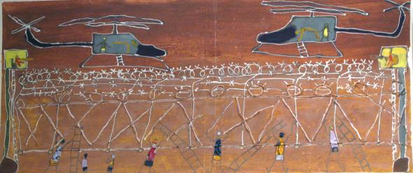 Pintura de Mohamed Sissoko e Samakoun Dembele, 2008. O assalto às cercas, apesar da intervenção dos helicópteros espanhóis.