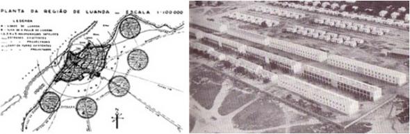 Planta de Luanda e seus satélites, 1942, bairro indígena em Luanda, anos 40 e 50. Fonte, DA FONTE, Manuela, 2007. Urbanismo e Arquitectura em Angola. Lisboa, UTL, p. 181 e 151.