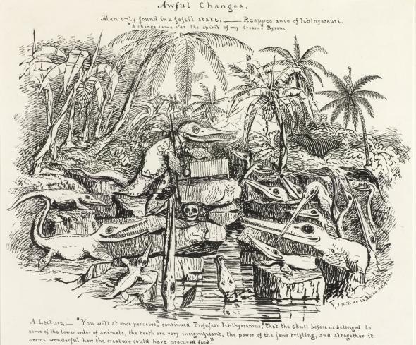 Awful Changes. Man Found only in a Fossil State - Reappearance of Ichthyosauri, Caricatura de Charles Lyell como Professor Ichthyosaurus (de Henry De la Beche's), no livro Curiosidades da História Natural, de Francis Buckland (1858).
