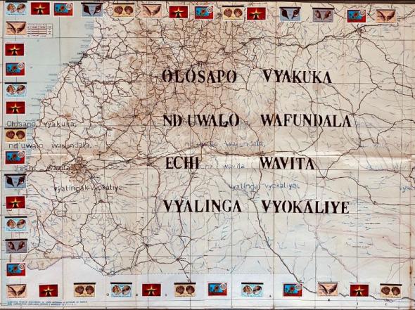 Olosapo, vyakuka, nd'uwala wafundala, echi wavita vyalinga vyokaliye. Umbundu. (mapa rodoviário de Angola 1967 e selos angolanos, cortesia da artista e escritora)