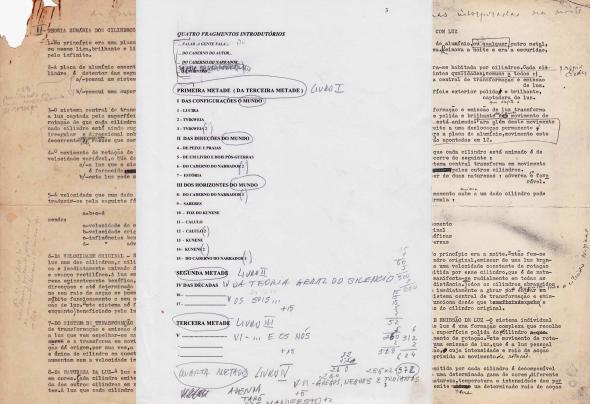 Figs. 15-17 − Composição digital de duas versões de trabalho da “Teoria sumária dos cilindros com luz”, c. 1970 e c. 2000, entrepostas por índice inicial para A Terceira Metade.