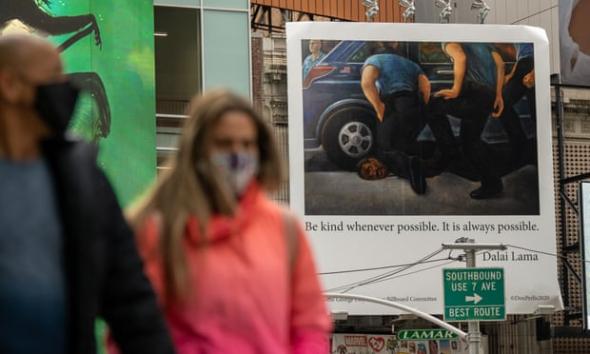 A billboard illustrating the killing of George Floyd hangs in Times Square. Photograph David Dee Delgado, Getty Images