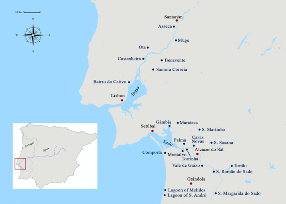 Mapa dos rios Sado e Tejo com identificação dos lugares referidos no texto. As cidades principais estão assinaladas por um ponto vermelho. Mapa elaborado por Catarina Leal.