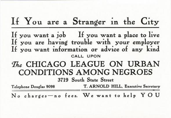 As migrants filled Northern factories, groups offering social services handed out advertising cards. (University of Illinois at Chicago, The University Library, Special Collections Department, Arthur and Graham Aldis Papers)