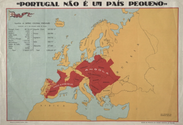 A map published for Portugal’s 1934 Colonial Exhibition, held in Porto. It is entitled 'Portugal is not a small country' and shows the size of Portugal’s empire at the time as if super-imposed over a map of Europe [Courtesy of Paulo Moreira]