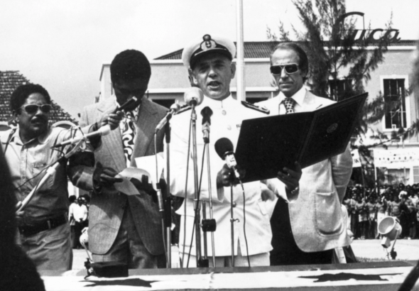 July 12, 1975 - Admiral Rosa Coutinho of the Portuguese Revolutionary Council reads out the document declaring independence for the Gulf of Guinea islands of Sao Tome and Principe, from Portuguese rule [Keystone/Getty Images]