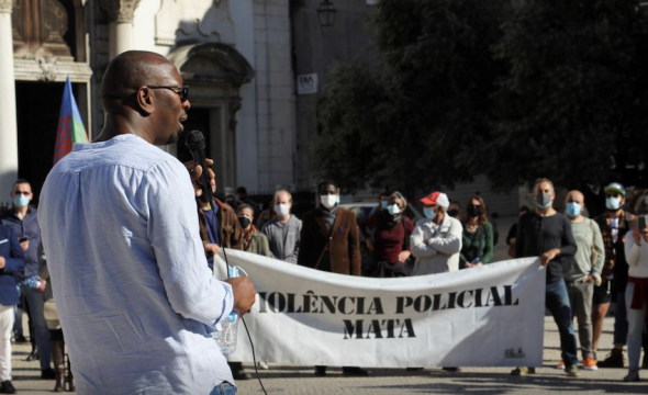 Mamadou Ba speaking during a protest. Reuters / Catarina Demony 