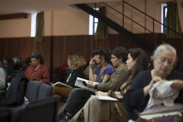 As realizadoras Luísa Homem, Laura Marques, Sílvia das Fadas e Regina Guimarães num dos debates do seminário. Foto de Candela Soutos, Doc's Kingdom 2021. 