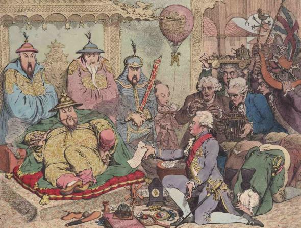 Cartoon satírico de Lord Macartney ajoelhado perante o imperador Qianlong...Courtesia da Lewis Walpole Library, Yale University