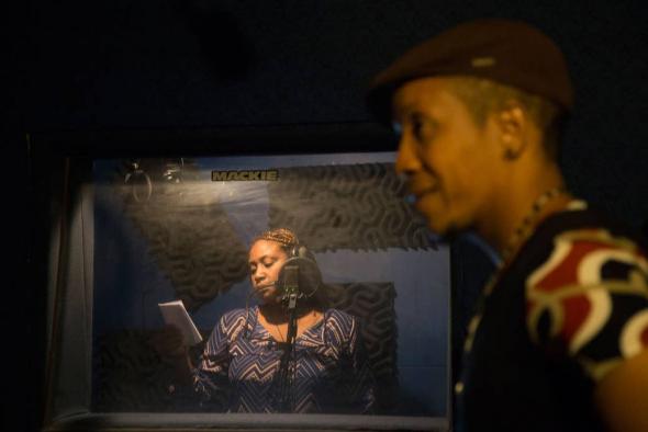 Freshla in the studio with singer Lunise Morse of RAM. Marie Arago for BuzzFeed News