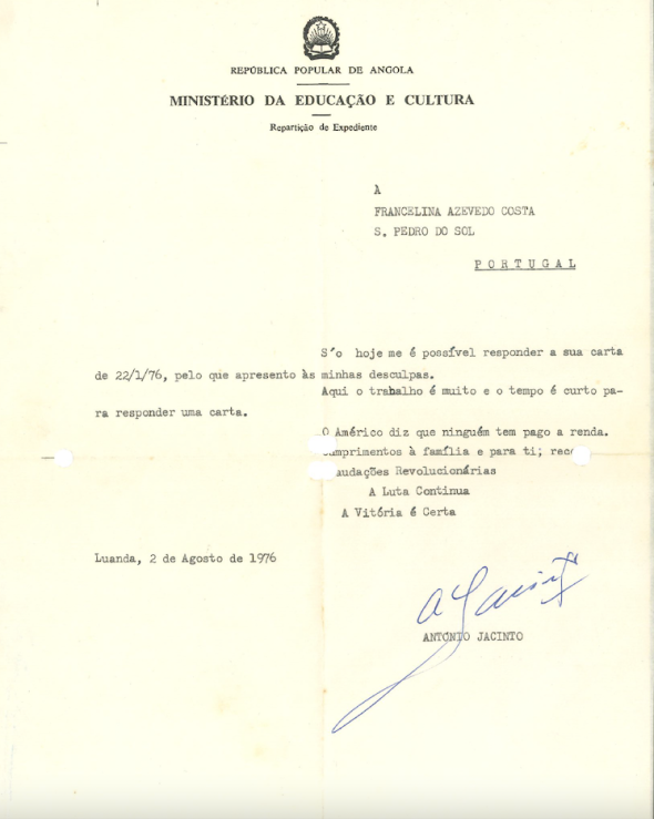 Carta e cartão de AJ para Francelina Costa e Adriano Almeida e Costa
