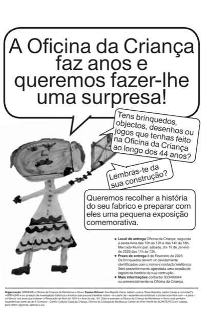 cartaz de angariação de brinquedos para a exposição SURPRESA! 45 Anos da Oficina da Criança, Montemor-o-Novo, Cine-Teatro Curvo Semedo, 11-17 janeiro 2025