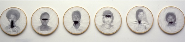 Bastidores (1997), Rosana Paulino. Reproduções do sítio oficial da artista e do Catálogo da Pinacoteca (2018).