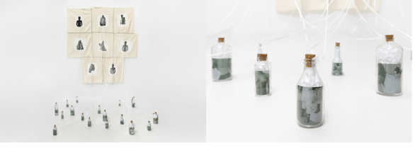 Série Amas de Leite (2007), Rosana Paulino. Monotipias sobre tecido, fitas de cetim, vidro e fotografia digital, dimensões variáveis.