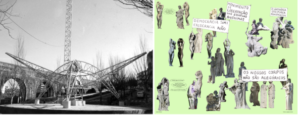 O monumento na Praça das Águas Livres com os arcos do aqueduto ao fundo, fotografia reproduzida por Isabel Brison.