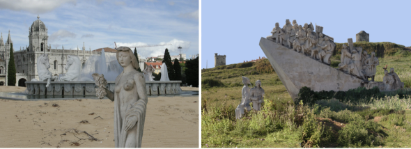 Isabel Brison, Fonte da Praça do Império rodeada de areia; as esculturas dos cavalos marinhos tomam banho na fonte e uma escultura de mulher anda sobre a areia