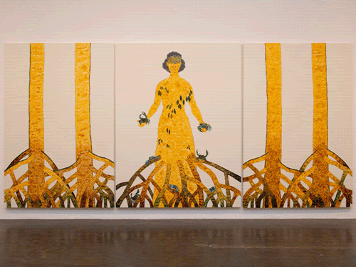 Vistas de obras de Rosana Paulino, Edgar Calel, Citra Sasmita e M'barek Bouhchichi © Levi Fanan / Fundação Bienal de São Paulo