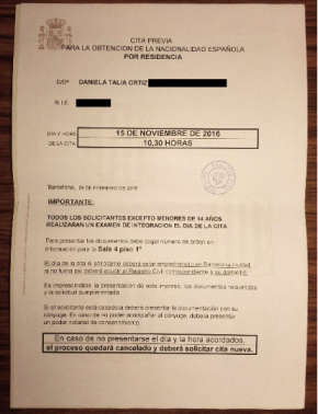 Appointment request form for Spanish citizenship application, 'Please note All applicants aged 14 and over will be required to sit an integration exam on the day of the appointment.'