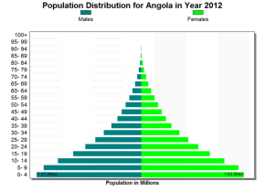 Pirâmide etária em Angola (à esq.) e no Mundo (à dir.)