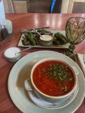 Dolma otomanos recheados com carne e arroz e borshch russo, sopa de beterraba com natas